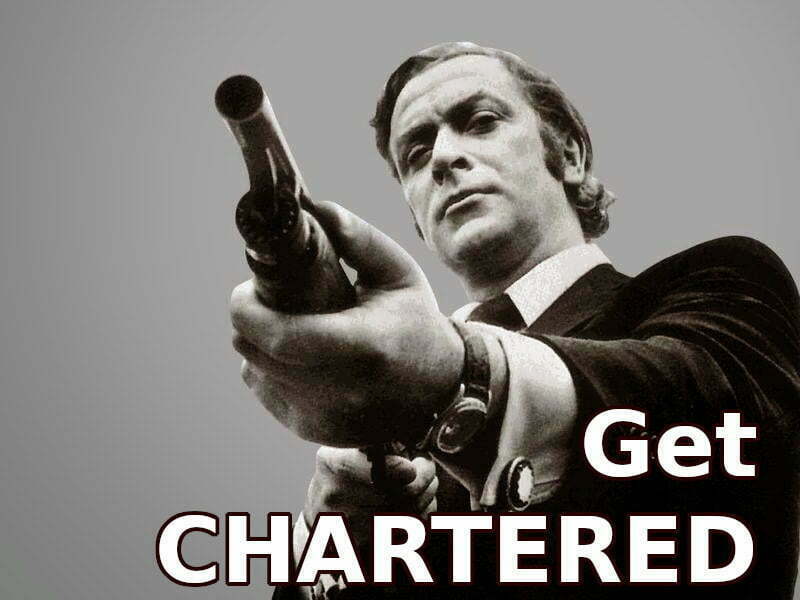 Photo of Michael Caine holding a shotgun from the movie Get Carter. The text says "Get Chartered".