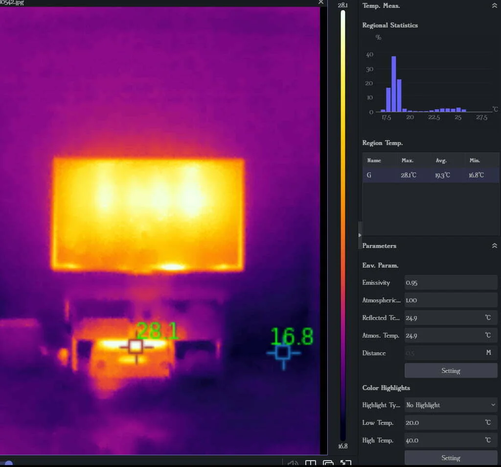 Screenshot of the app. Alongside the thermal image, a bunch of metadata is shown.