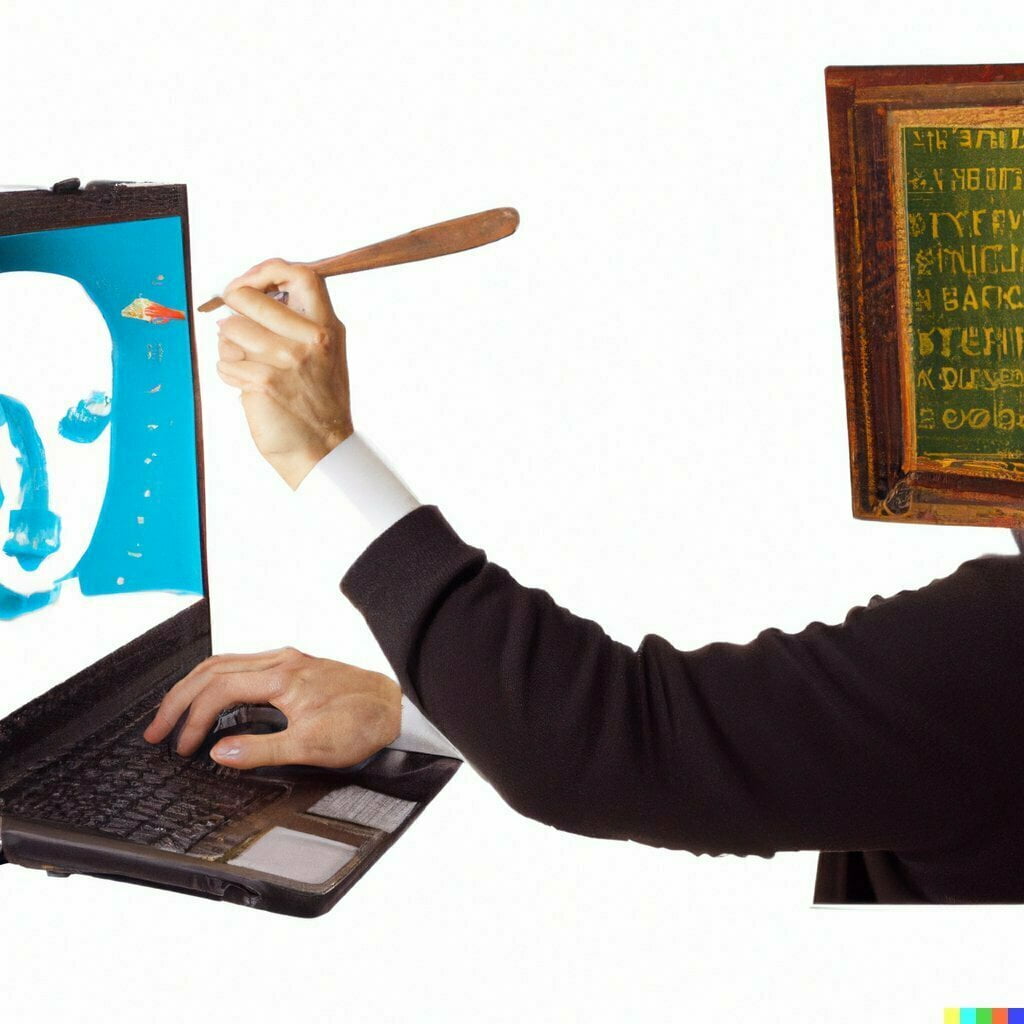 Ai generated image using the prompt "A photo of a painter painting a picture of a the Mona Lisa. The painter's head has been replaced with a laptop screen showing binary code."