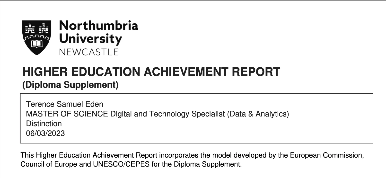 Screenshot of my graduation notification. I got a distinction!