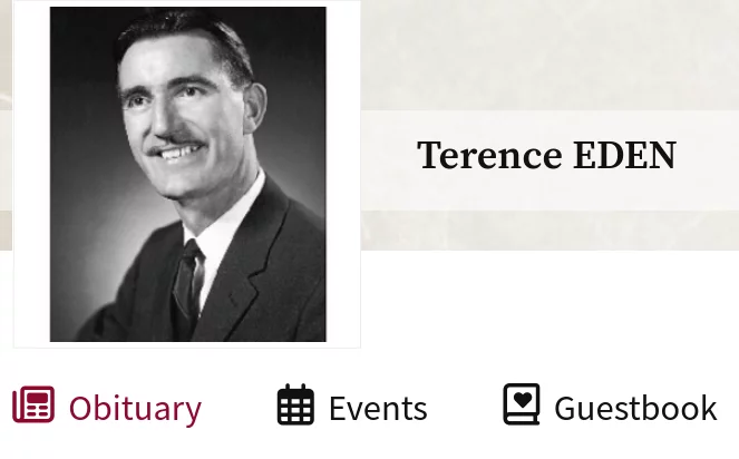 Black and white photo of a gentleman with a moustache. It is embedded on an obituary page.