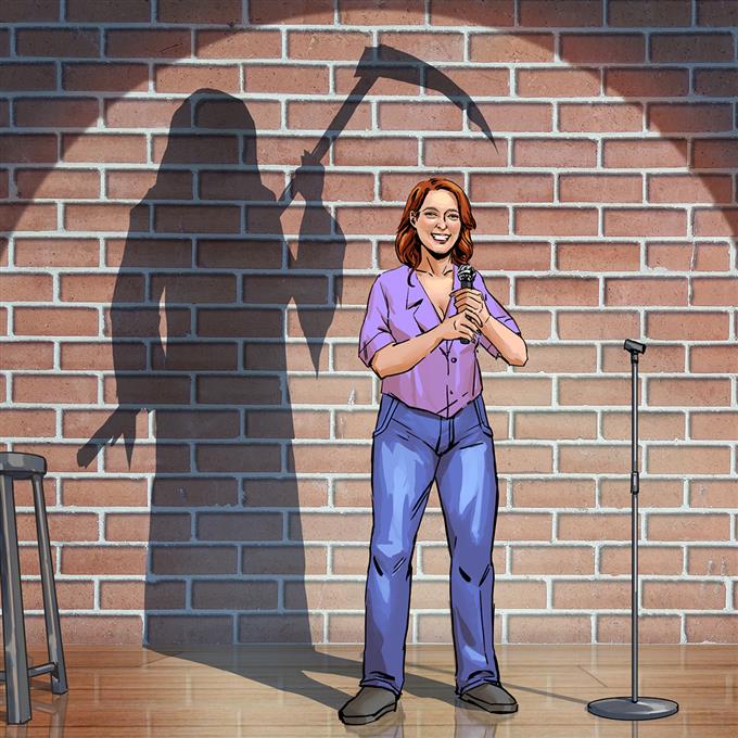 Cartoon showing a stand up comedian casting a shadow of the grim reaper.