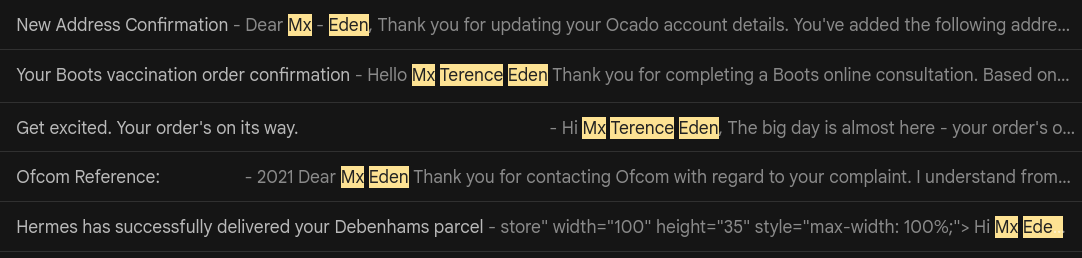 List of emails addressing me as Mx Eden.