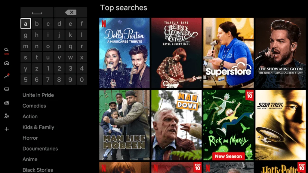 Screenshot of the Netflix search screen.