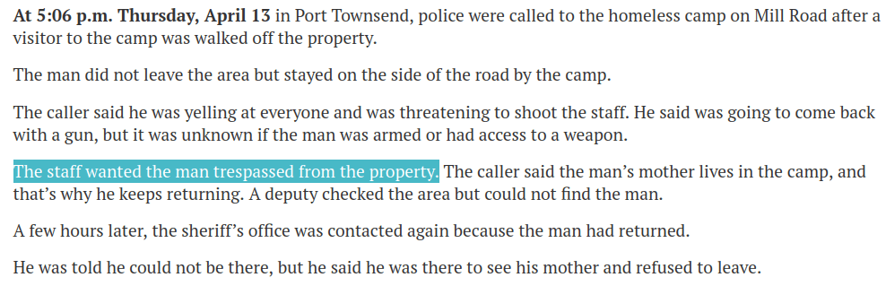 The caller said he was yelling at everyone and was threatening to shoot the staff. He said was going to come back with a gun, but it was unknown if the man was armed or had access to a weapon. The staff wanted the man trespassed from the property. The caller said the man’s mother lives in the camp, and that’s why he keeps returning. A deputy checked the area but could not find the man. A few hours later, the sheriff’s office was contacted again because the man had returned.