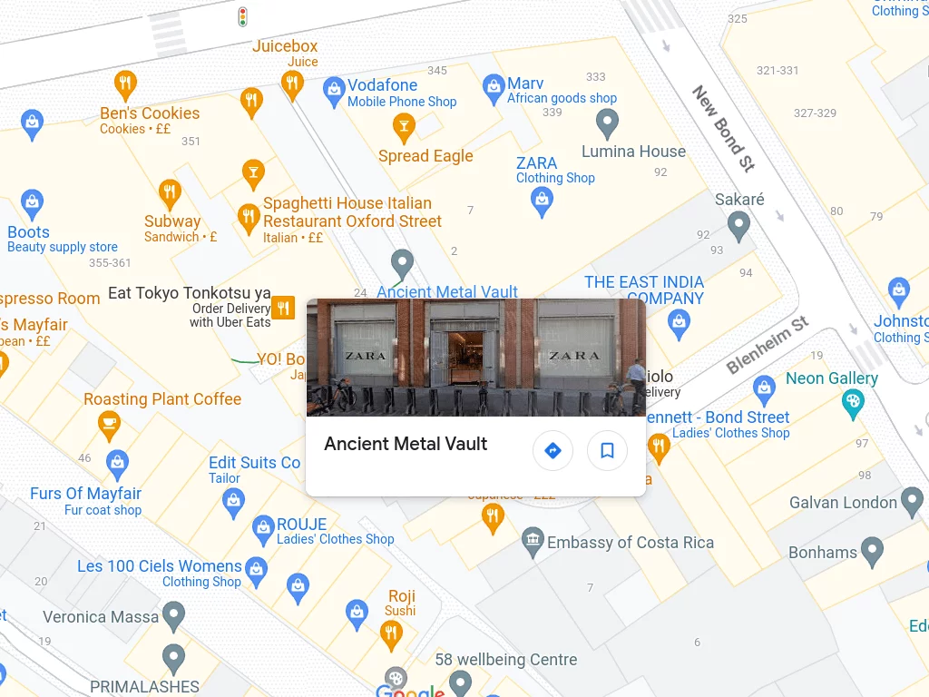 Screenshot of Google maps. in the middle of Mayfair is an entry for an Ancient Metal Vault.