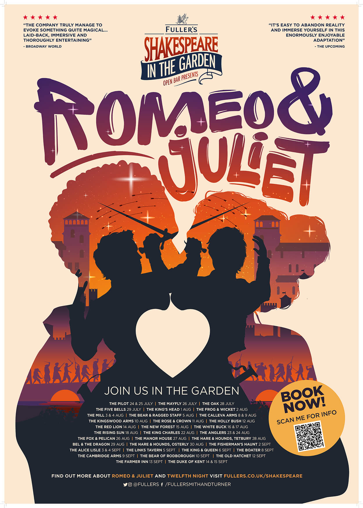Poster for Romeo and Juliet. The outlines of two lovers kiss. The necks form the silhouette of a heart.