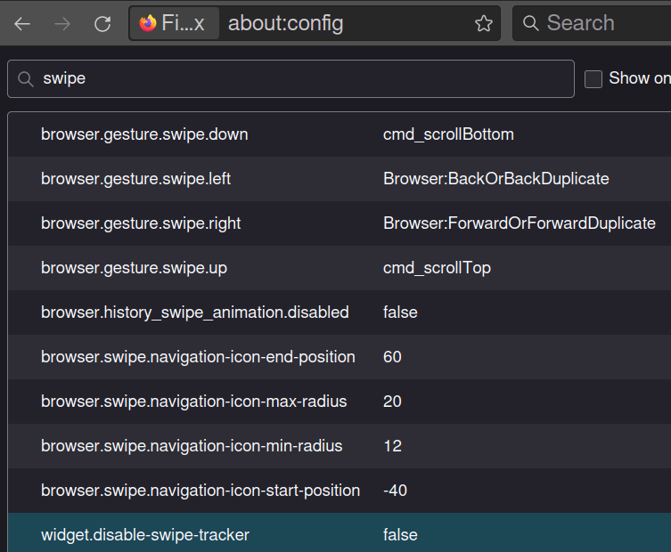 Screenshot showing Firefox's various config options.