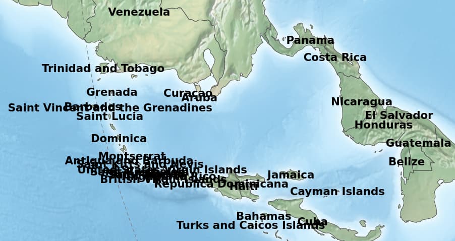 Map of the Caribbean. All the island names overlap.