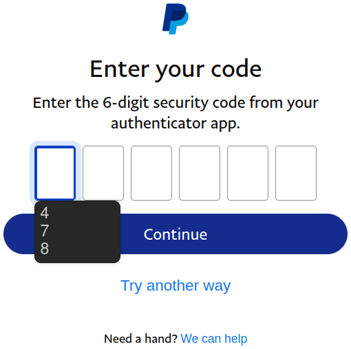 Screenshot of the PayPal login screen. The 2FA login has individual inputs for each number. The first input has a dropdown featuring 3 single numbers.