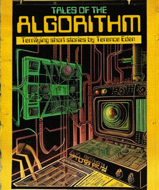 A book cover in the style of a 1950's pulp sci-fi novel. An AI generated set of computers are connected by wires.