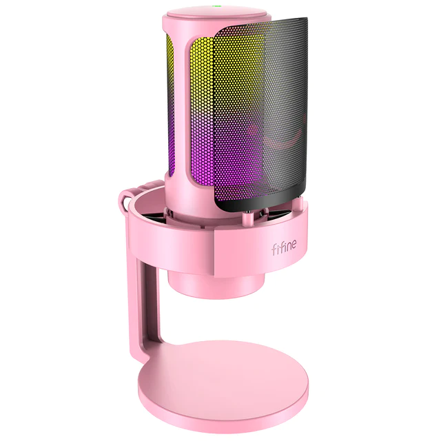 A pink microphone on a pink stand.