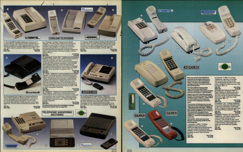 1980s catalogue. All the touch tone phones have the dial pad on the base or the same side as the speaker.