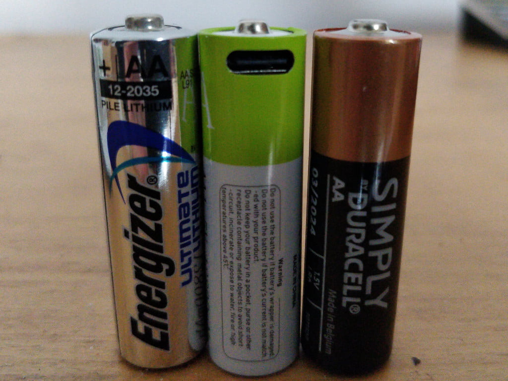 Three batteries of the same height and width.