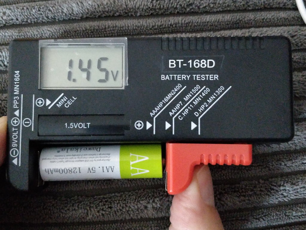 Battery tester showing 1.45V.