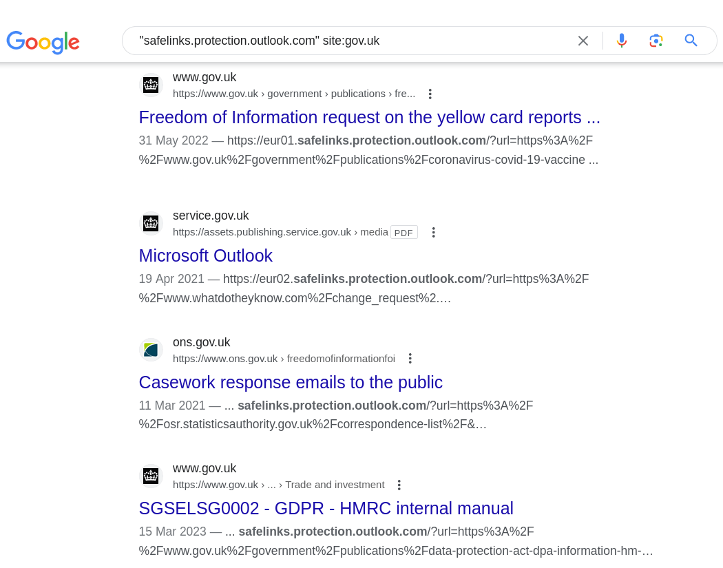 Screenshot of Google search results for GOV.UK sites.