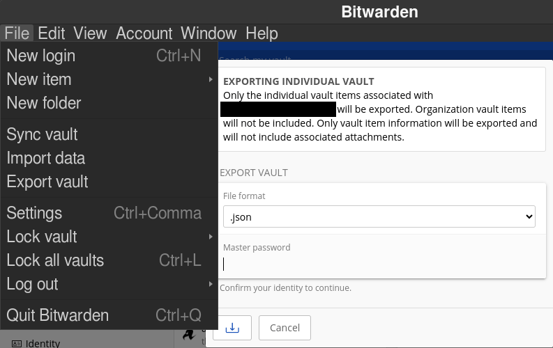 Screenshot of the BitWarden export page.