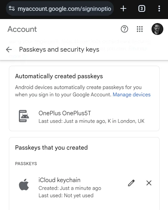 Google account page showing an Apple logo and the name iCloud keychain.