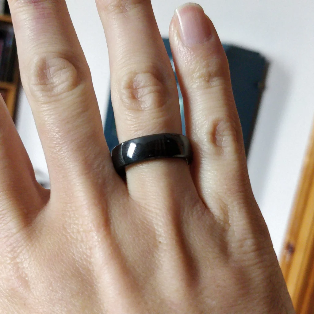 Photo of my fingers stretched out so you can see the width of the ring.