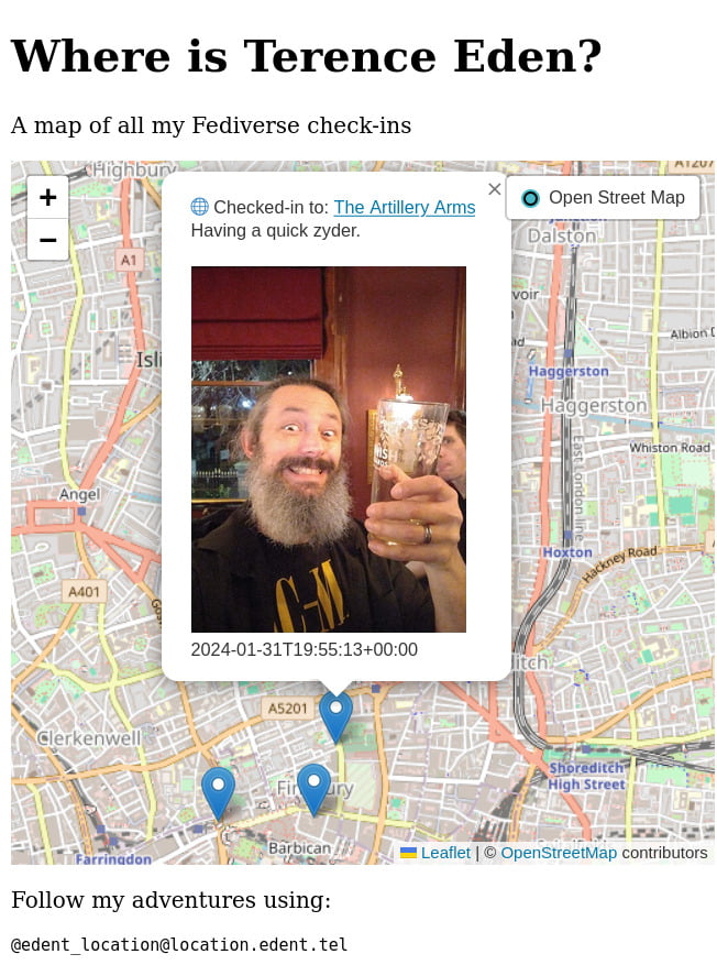 Screenshot of a map. There is a pop-up containing an image of me drinking a pint.