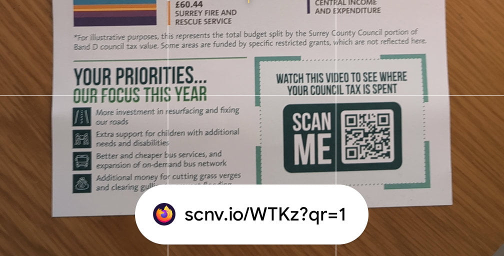 A leaflet for Surrey - the QR code points to scnv.io.