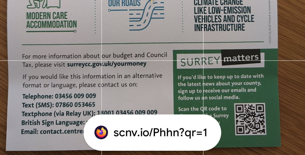 A leaflet for Surrey - the QR code points to scnv.io.