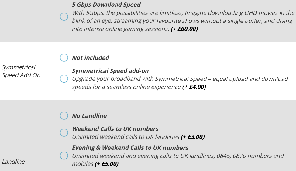 List of proposed upgrades including Symmetrical data add on for £4.