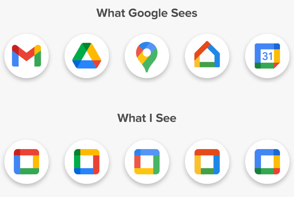 Google's icons in white circles. Underneath is a row of indistinguishable multi-coloured squares.