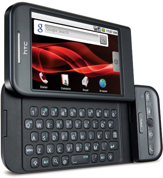 The HTC Dream G1 - it has a pop up screen which reveals a keyboard, a trackball, and several physical buttons.