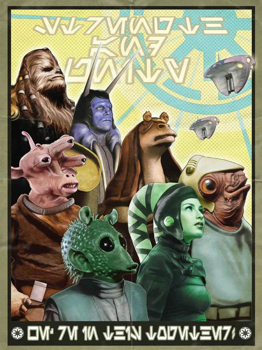 Crappy looking clipart poster featuring cut outs of various Star Wars aliens.