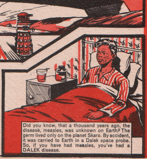 Comic panel claiming that the Daleks invented measles.