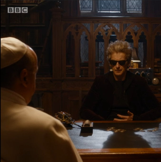 Screenshot of The Pope and The Doctor meeting.