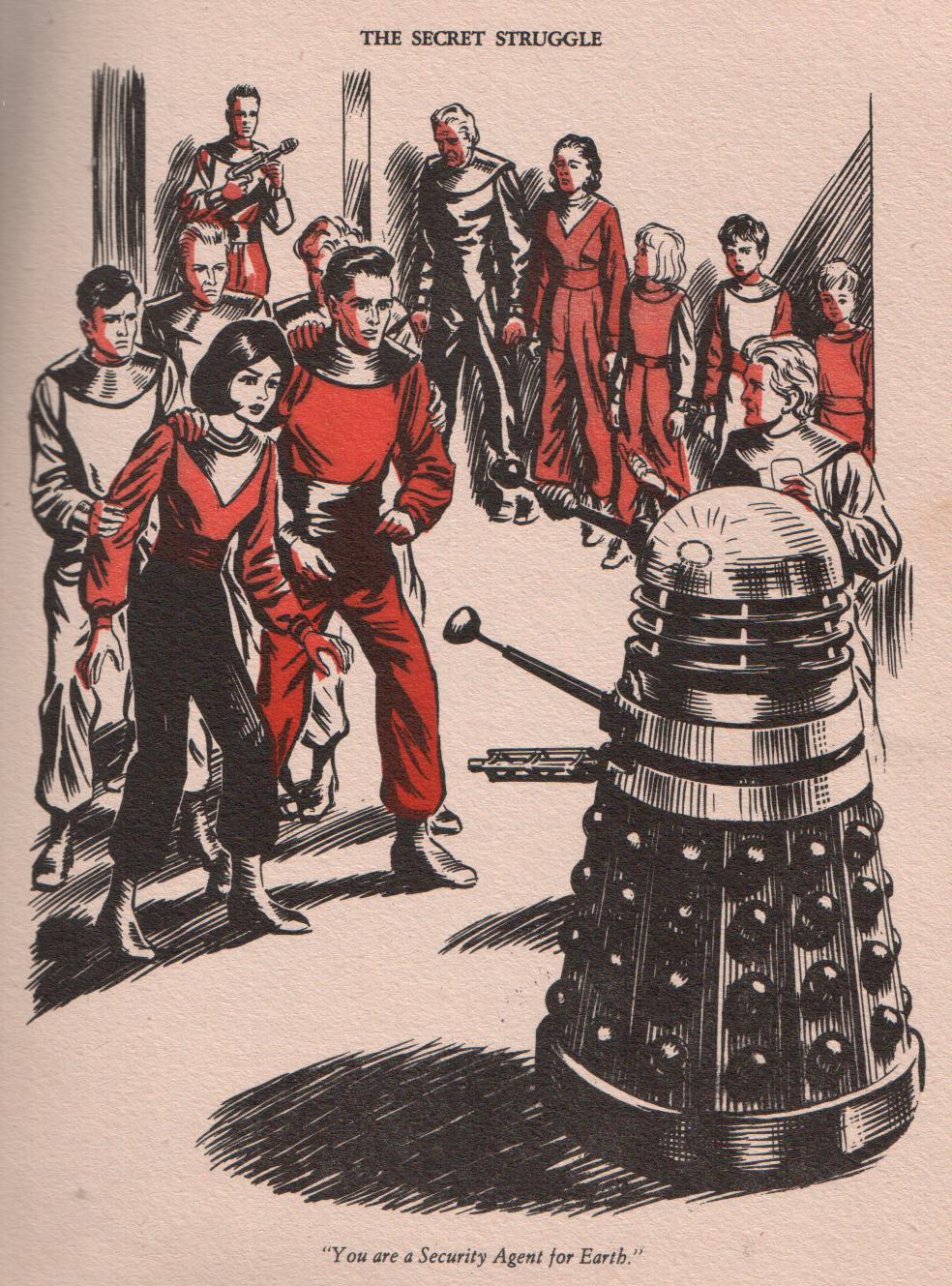 Drawing of a Dalek holding a woman prisoner.