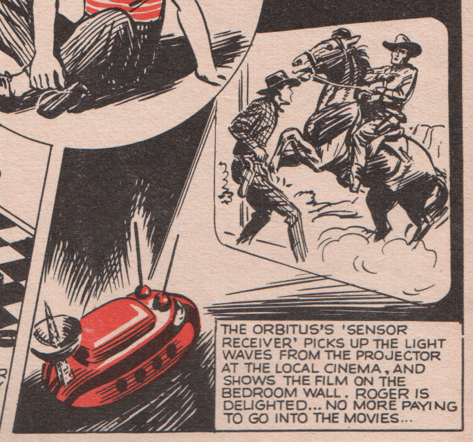 Comic book panel. "The robot's sensor receiver picks up the light waves from the local cinema and shows the film on the bedroom wall. No more paying to go into the movies."