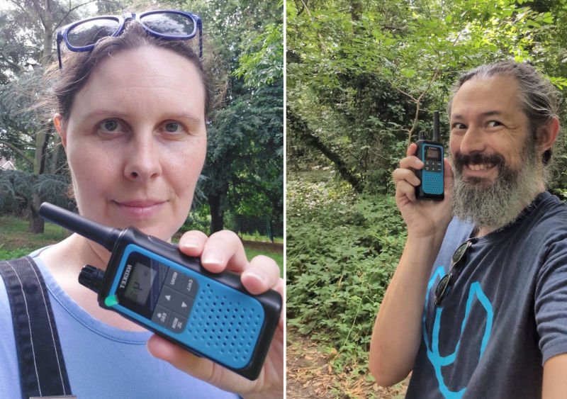 Selfies of Liz and I. We're both holding radios and in the woods.