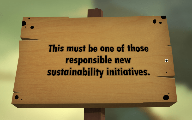 Screenshot from World of Goo 2. A sign says "This must be one of those responsible new sustainability initiatives."