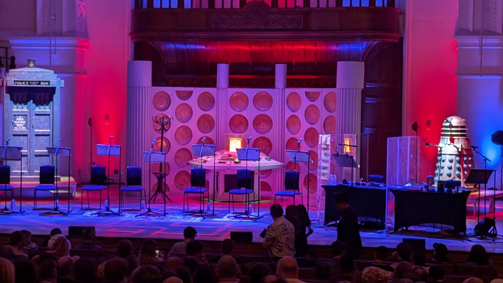 Stage with full size TARDIS, and console, and Dalek.