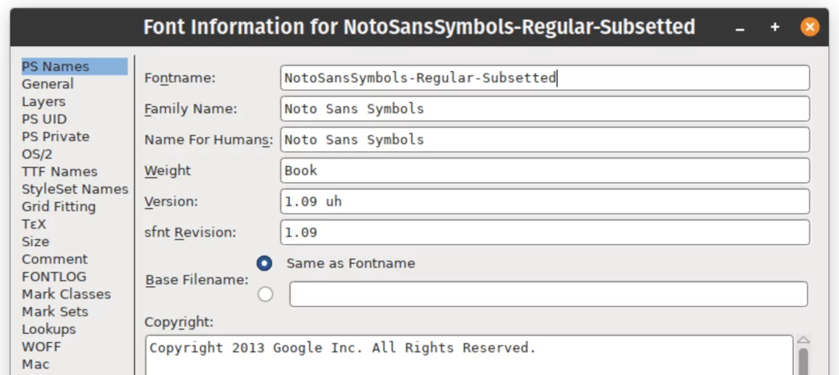 Fontforge showing the version is from 2013.