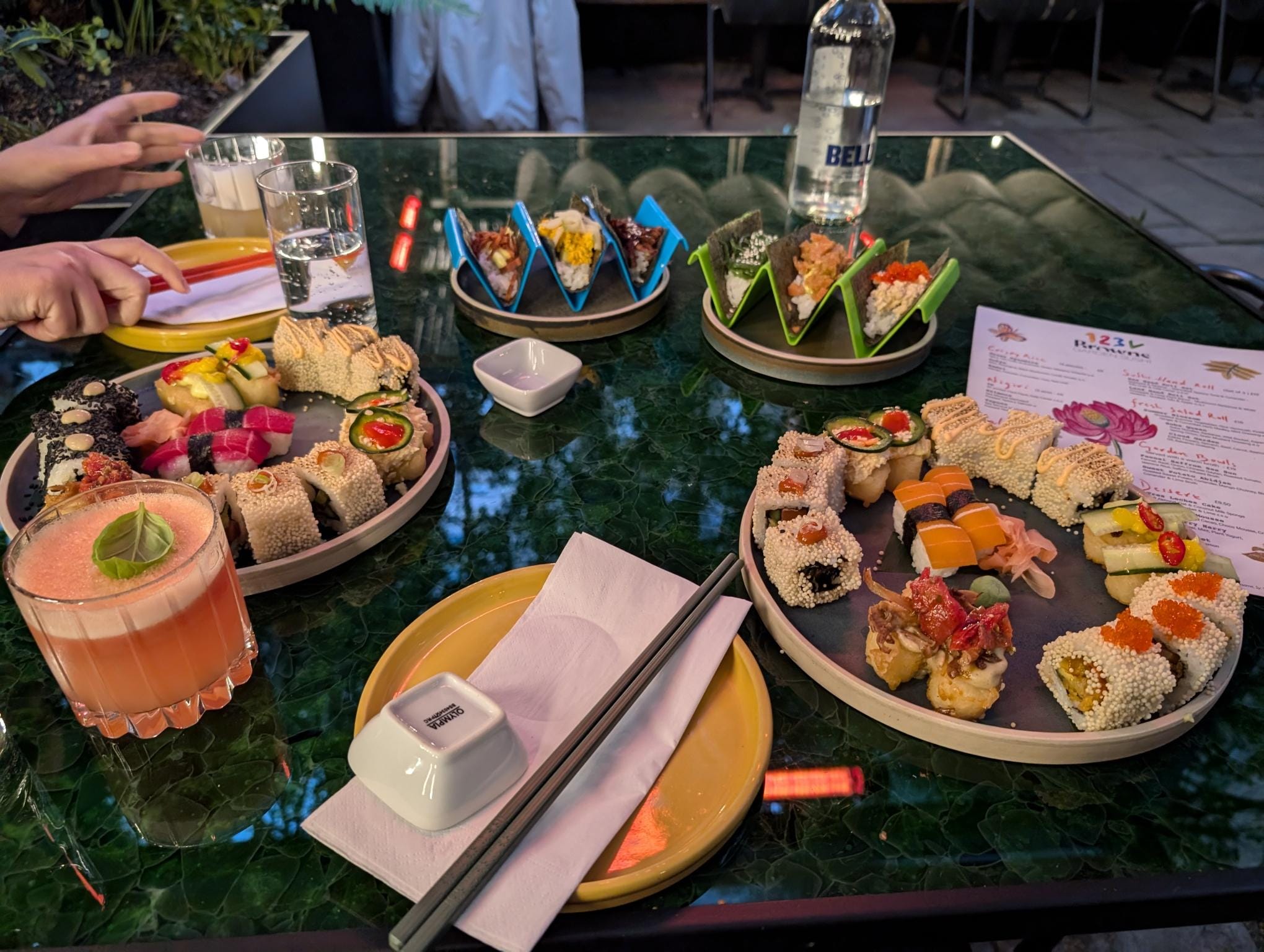 40 pieces of sushi and some cocktails.