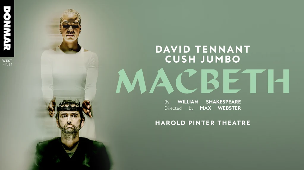 Poster. Lady Macbeth towers over Macbeth, placing a crown upon his head.