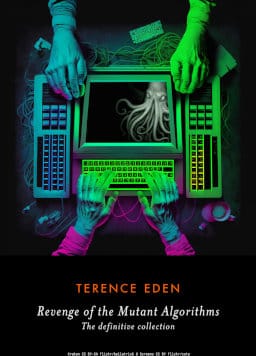 Book cover. A distorted Kraken appears on an old fashioned computer screen. Several hands type on distorted keyboards.