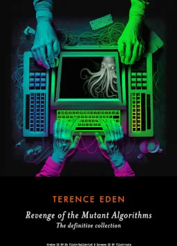 Book cover. A distorted Kraken appears on an old fashioned computer screen. Several hands type on distorted keyboards.