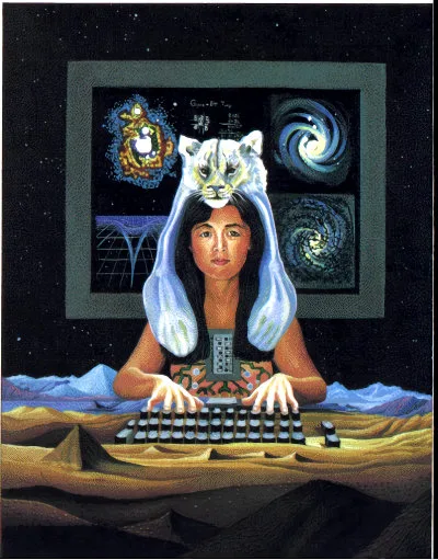 A woman in animal furs typing on a keyboard.