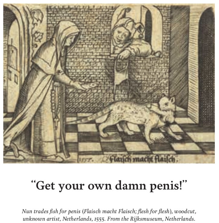 Illustration of a cat carrying a penis in its mouth. The caption reads "Get your own damn penis!"