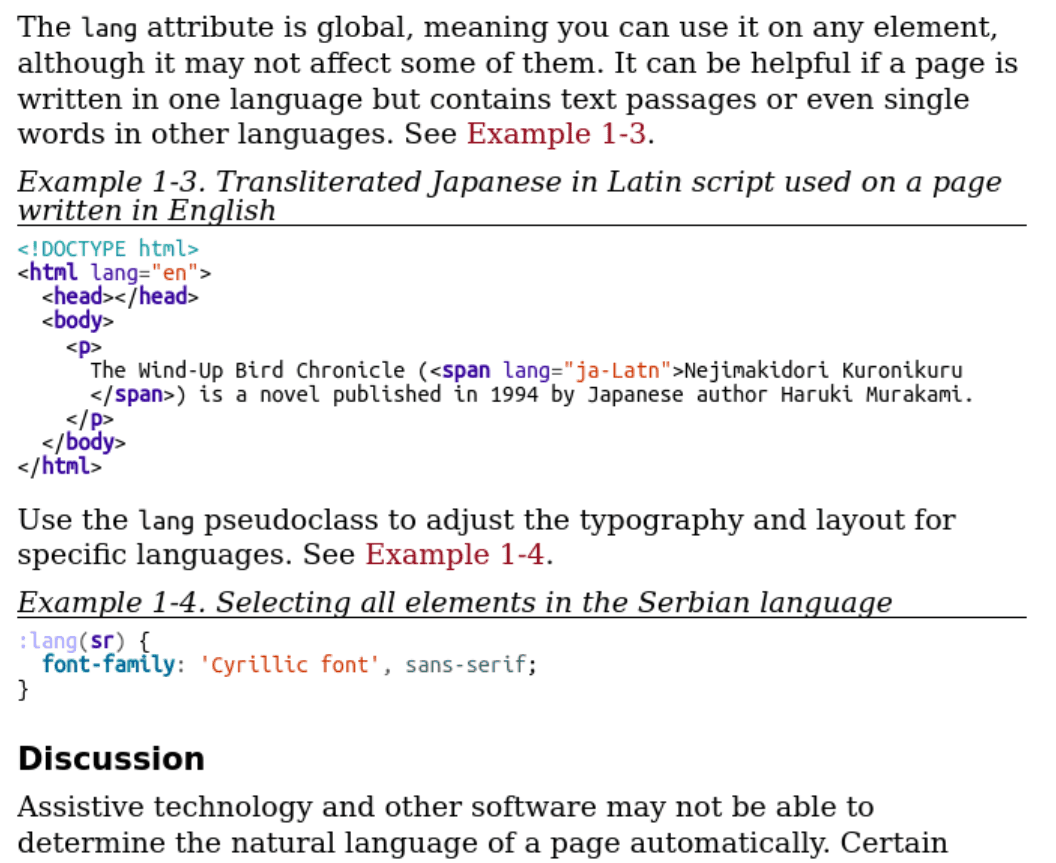 Sample of the book showing highlighted code and semantic headings.