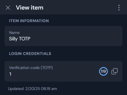 BitWarden showing a single digit for 119 seconds.