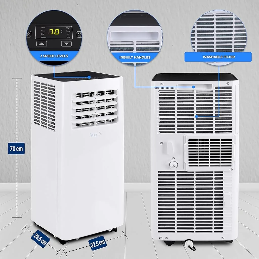 Air con unit is 30 cm wide and deep. 70cm tall.