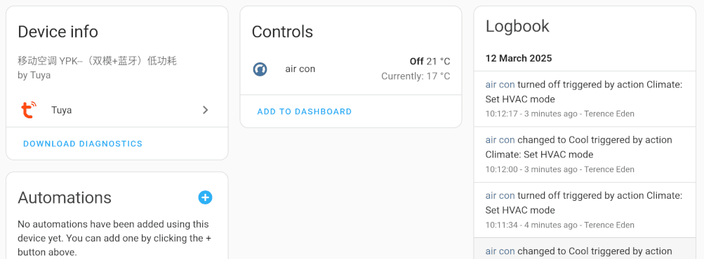 Home Assistant dashboard showing information about it.