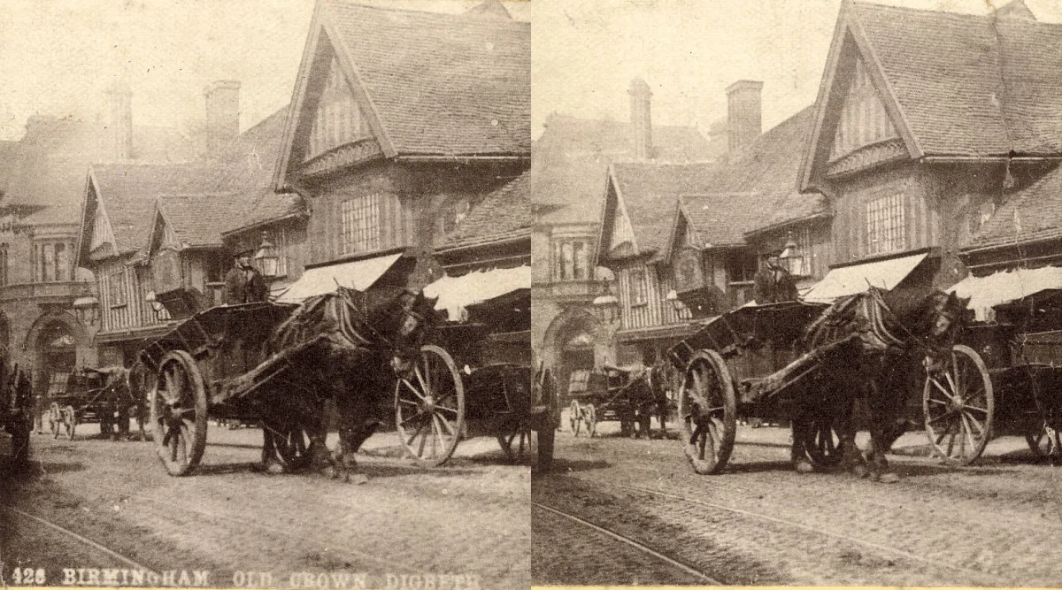 Two very similar photos of a horse and card in a street.