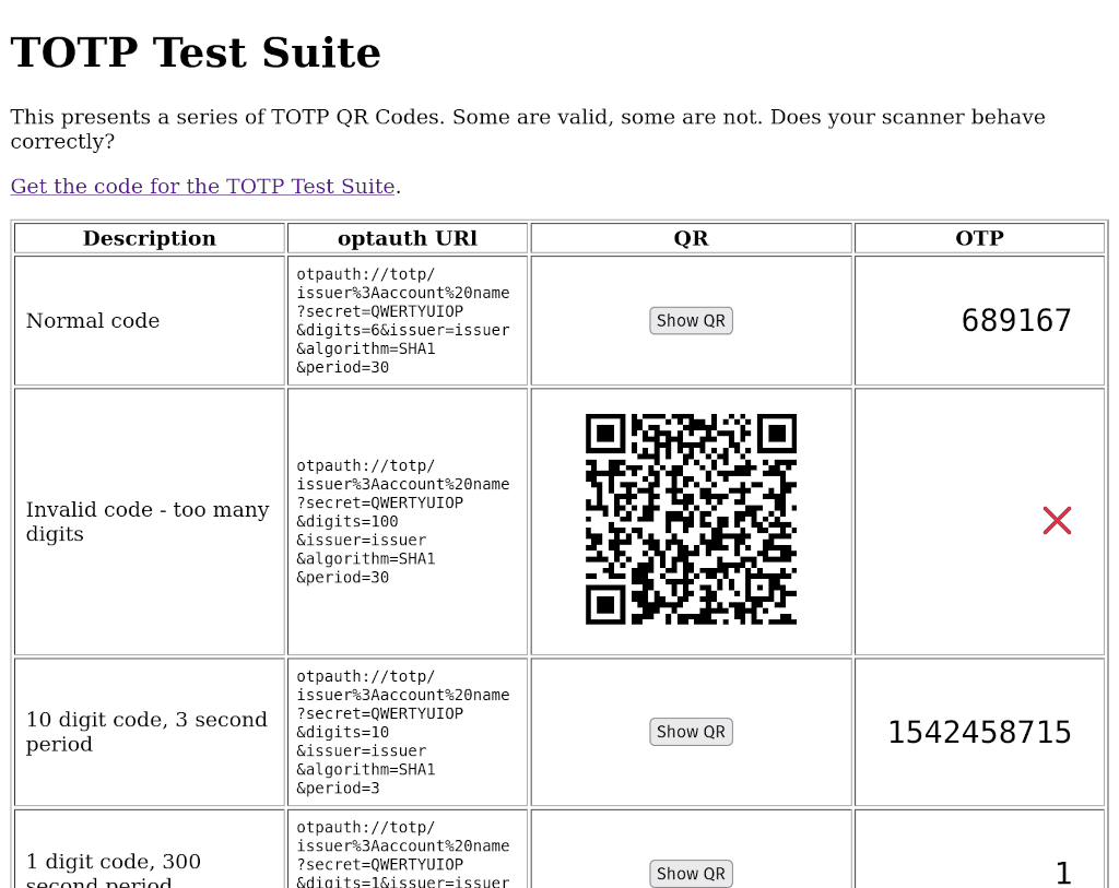 Screenshot showing a QR code and numeric codes.